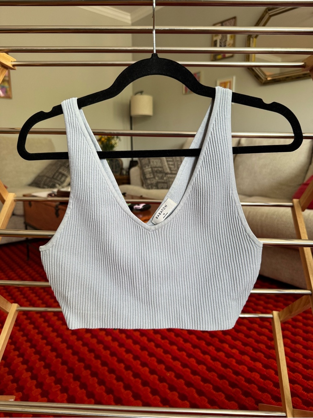 Babaton Pale Blue Ribbed V-Neck Crop Tank